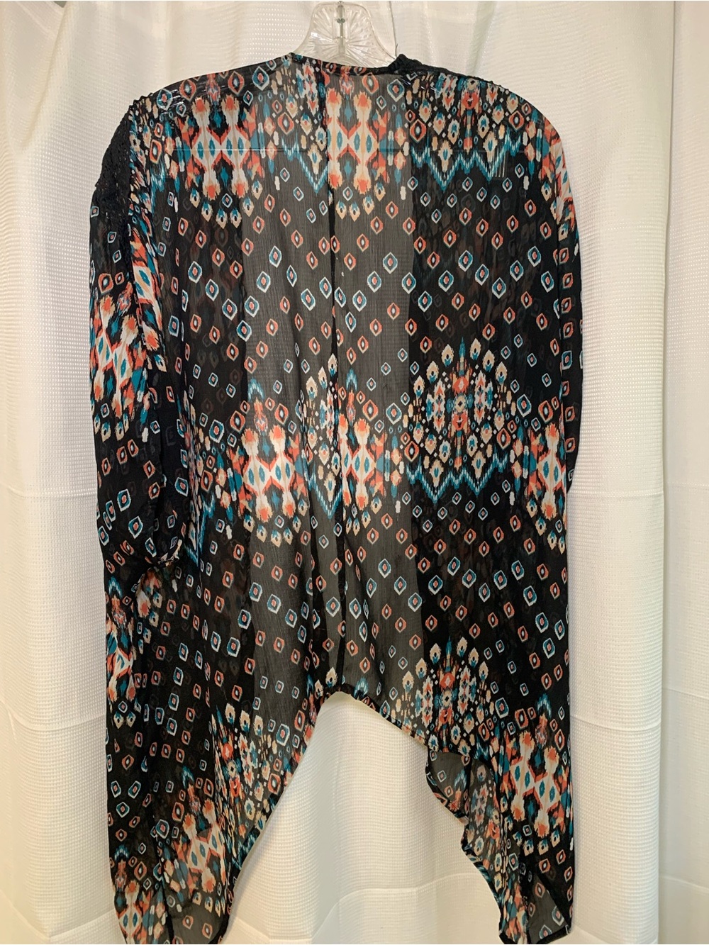 Black Sheer Geo-Print Kimono Cape with Teal & Coral Accents